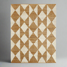 Load image into Gallery viewer, Handwoven Jute & Wool Rug – Natural & White Geometric Diamond Pattern