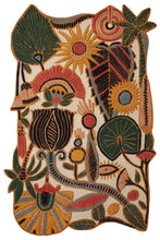 Load image into Gallery viewer, Hand-tufted rug with an irregular shape, featuring a botanical design with vibrant colors and intricate patterns on a beige background. Made from 100% New Zealand wool.