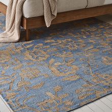 Load image into Gallery viewer, Handwoven Jute & Wool Flatweave Rug with a floral design in soft blue and beige, ideal for living rooms, bedrooms, and entryways