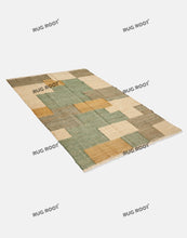Load image into Gallery viewer, Handwoven Jute & Wool Rug with Modern Block Pattern - Earthy Green & Beige
