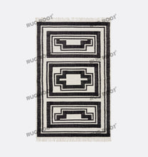 Load image into Gallery viewer, Handwoven Wool Rug with Bold Geometric Border Design - Black & White