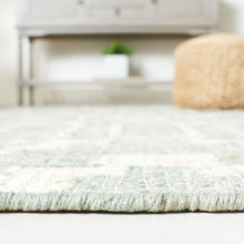 Load image into Gallery viewer, Handwoven Jute & Wool Rug with Geometric Pattern in Light Blue & Ivory – Flatweave