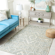 Load image into Gallery viewer, Handwoven Jute & Wool Rug with Geometric Pattern in Light Blue & Ivory – Flatweave