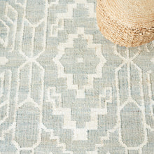 Load image into Gallery viewer, Handwoven Jute & Wool Rug with Geometric Pattern in Light Blue & Ivory – Flatweave