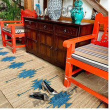 Load image into Gallery viewer, Handwoven Jute & Wool Rug with Teal Tribal Motif – Natural Flatweave Runner