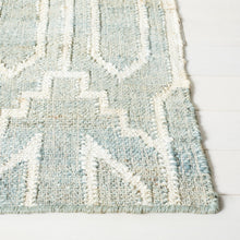 Load image into Gallery viewer, Handwoven Jute & Wool Rug with Geometric Pattern in Light Blue & Ivory – Flatweave