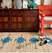 Load image into Gallery viewer, Handwoven Jute & Wool Rug with Teal Tribal Motif – Natural Flatweave Runner