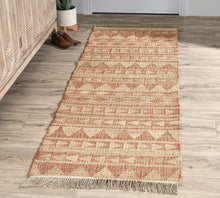 Load image into Gallery viewer, Handwoven Jute & Cotton Rug with Tribal Design in Natural & Terracotta – Flatweave