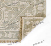 Load image into Gallery viewer, Handwoven Wool & Jute Rug with Intricate Geometric Design in Soft Green & Ivory – Flatweave