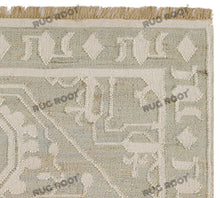 Load image into Gallery viewer, Handwoven Wool & Jute Rug with Intricate Geometric Design in Soft Green & Ivory – Flatweave
