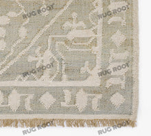 Load image into Gallery viewer, Handwoven Wool & Jute Rug with Intricate Geometric Design in Soft Green & Ivory – Flatweave