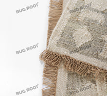 Load image into Gallery viewer, Handwoven Wool & Jute Rug with Intricate Geometric Design in Soft Green & Ivory – Flatweave