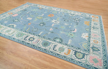 Load image into Gallery viewer, Frost & Flame | Hand-Knotted Turkish Rug in Blue & Ivory with Orange Accents