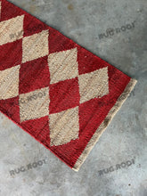 Load image into Gallery viewer, Handwoven Jute & Wool Runner Rug – Red & Natural Diamond Pattern