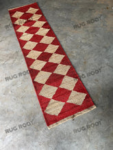 Load image into Gallery viewer, Handwoven Jute & Wool Runner Rug – Red & Natural Diamond Pattern