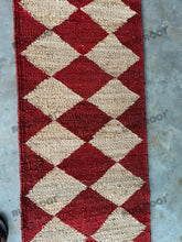 Load image into Gallery viewer, Handwoven Jute & Wool Runner Rug – Red & Natural Diamond Pattern