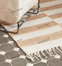 Load image into Gallery viewer, Handwoven Jute & Wool Rug with Striped Checkerboard Pattern - Ivory & Beige