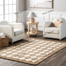 Load image into Gallery viewer, Handwoven Jute & Wool Geometric Rug - Natural & White Flatweave