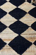 Load image into Gallery viewer, Handwoven Jute Rug with Black & Natural Diamond Pattern - Flatweave Design