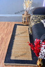 Load image into Gallery viewer, Handwoven Jute & Wool Runner Rug – Natural & Navy Blue Border Design