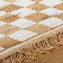 Load image into Gallery viewer, Handwoven Jute & Cotton Rug – Natural & White Diamond Checkered Pattern with Fringe