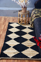 Load image into Gallery viewer, Handwoven Jute Rug with Black & Natural Diamond Pattern - Flatweave Design