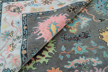 Load image into Gallery viewer, Midnight Garden | Handwoven Dark Grey & Blue Oushak Rug with Pink & Green Accents | Wool, Bedroom