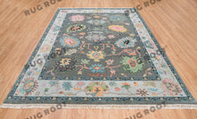 Load image into Gallery viewer, Midnight Garden | Handwoven Dark Grey & Blue Oushak Rug with Pink & Green Accents | Wool, Bedroom
