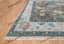 Load image into Gallery viewer, Midnight Garden | Handwoven Dark Grey & Blue Oushak Rug with Pink & Green Accents | Wool, Bedroom