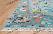 Load image into Gallery viewer, Jewel-Toned Oasis | Handwoven Oushak Rug in Teal with Green, Orange & Pink Accents | Wool