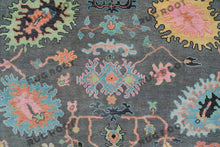 Load image into Gallery viewer, Midnight Garden | Handwoven Dark Grey & Blue Oushak Rug with Pink & Green Accents | Wool, Bedroom