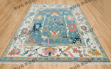 Load image into Gallery viewer, Azure Bloom | Handwoven Turkish Oushak Rug with Teal Blue & Cream Accents | Floral
