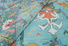 Load image into Gallery viewer, Jewel-Toned Oasis | Handwoven Oushak Rug in Teal with Green, Orange & Pink Accents | Wool