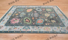 Load image into Gallery viewer, Midnight Garden | Handwoven Dark Grey & Blue Oushak Rug with Pink & Green Accents | Wool, Bedroom