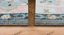 Load image into Gallery viewer, Midnight Garden | Handwoven Dark Grey & Blue Oushak Rug with Pink & Green Accents | Wool, Bedroom