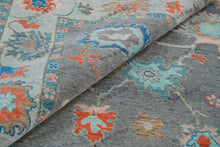 Load image into Gallery viewer, Blue And Gray Hand Knotted Oushak Rug, Colorful Turkish Carpet with Baby Pink And Orange Accents