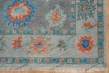 Load image into Gallery viewer, Blue And Gray Hand Knotted Oushak Rug, Colorful Turkish Carpet with Baby Pink And Orange Accents