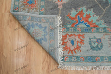 Load image into Gallery viewer, Blue And Gray Hand Knotted Oushak Rug, Colorful Turkish Carpet with Baby Pink And Orange Accents