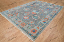 Load image into Gallery viewer, Blue And Gray Hand Knotted Oushak Rug, Colorful Turkish Carpet with Baby Pink And Orange Accents