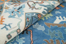 Load image into Gallery viewer, Woven Art | Hand-Knotted Oushak Rug with a Modern Twist in Blue-Green with Orange Accents