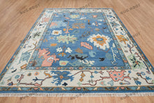 Load image into Gallery viewer, Woven Art | Hand-Knotted Oushak Rug with a Modern Twist in Blue-Green with Orange Accents