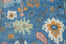 Load image into Gallery viewer, Woven Art | Hand-Knotted Oushak Rug with a Modern Twist in Blue-Green with Orange Accents
