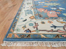 Load image into Gallery viewer, Woven Art | Hand-Knotted Oushak Rug with a Modern Twist in Blue-Green with Orange Accents