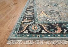 Load image into Gallery viewer, Lucky Shrimp Turkish Rug | Dark Black Acid Gray Oushak Rug | Green Focal Area Rug | Sophisticated Bedroom Wool Rug