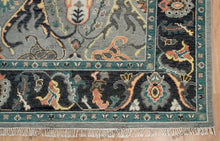 Load image into Gallery viewer, Lucky Shrimp Turkish Rug | Dark Black Acid Gray Oushak Rug | Green Focal Area Rug | Sophisticated Bedroom Wool Rug