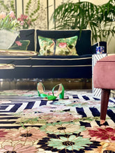 Load image into Gallery viewer, Hand Tufted Floral and Crane Designer Rug with Viscose Accents 10x14 Black & Navy Blue