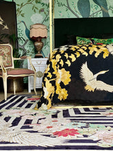 Load image into Gallery viewer, Hand Tufted Floral and Crane Designer Rug with Viscose Accents 10x14 Black & Navy Blue