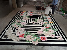 Load image into Gallery viewer, Hand Tufted Floral and Crane Designer Rug with Viscose Accents 10x14 Black & Navy Blue