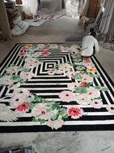Load image into Gallery viewer, Hand Tufted Floral and Crane Designer Rug with Viscose Accents 10x14 Black & Navy Blue