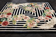 Load image into Gallery viewer, Hand Tufted Floral and Crane Designer Rug with Viscose Accents 10x14 Black & Navy Blue